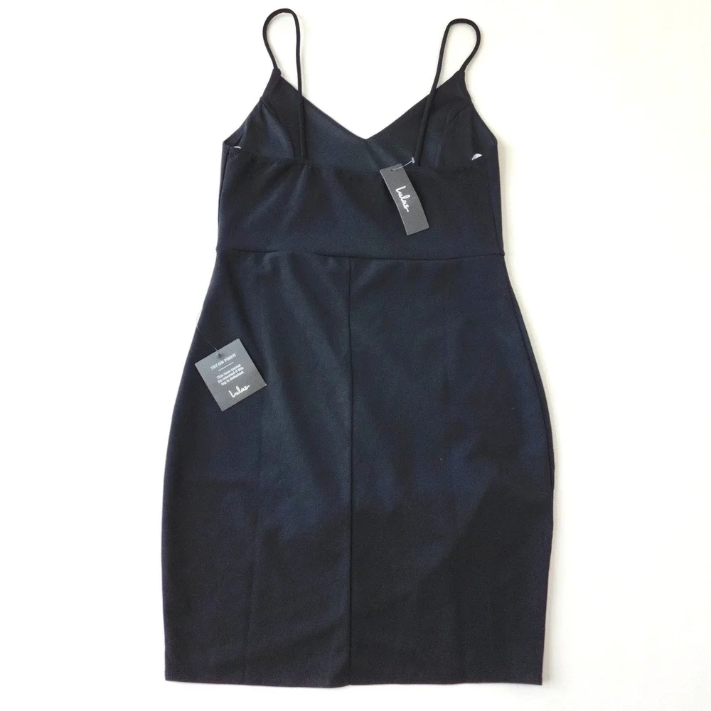 Lulus Reinette Black Wrap Midi‎ Dress Bodycon Cocktail Size L NWT